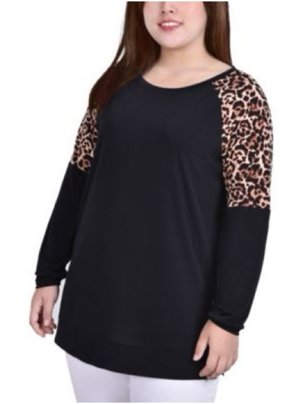 Emerald Black Tunic with Lace Leopard-Print Shoulder Panels